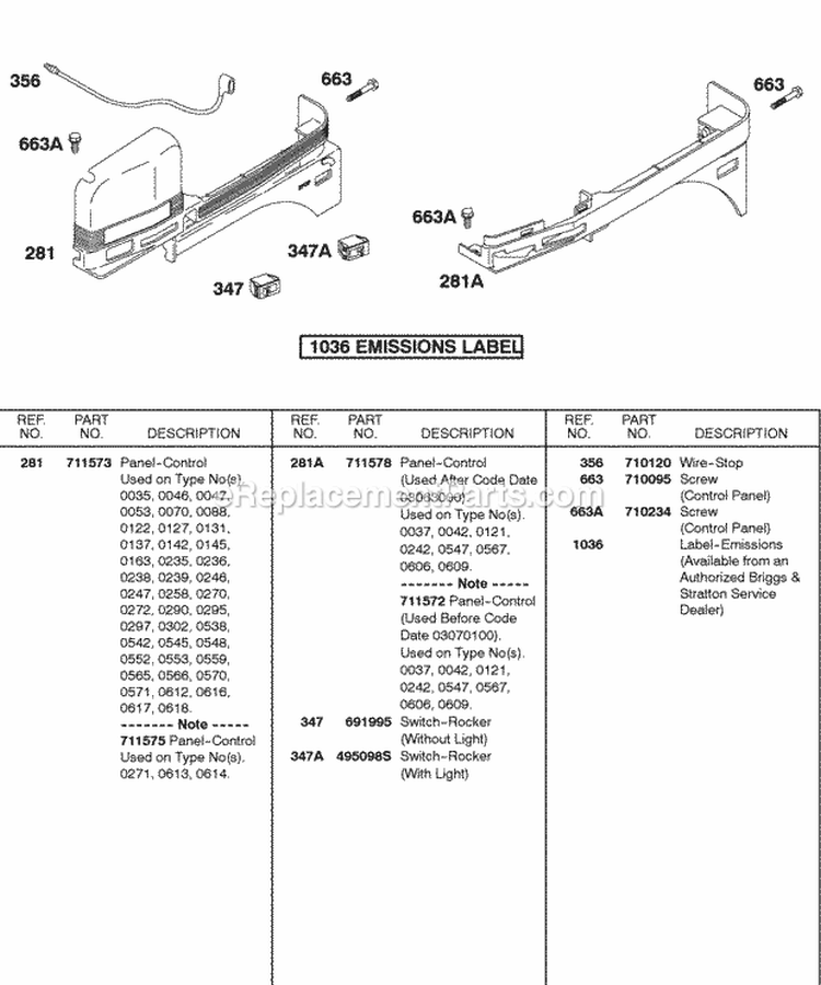Control Panel Diagram and Parts List for 185432-0571-E1  Briggs and Stratton Engine